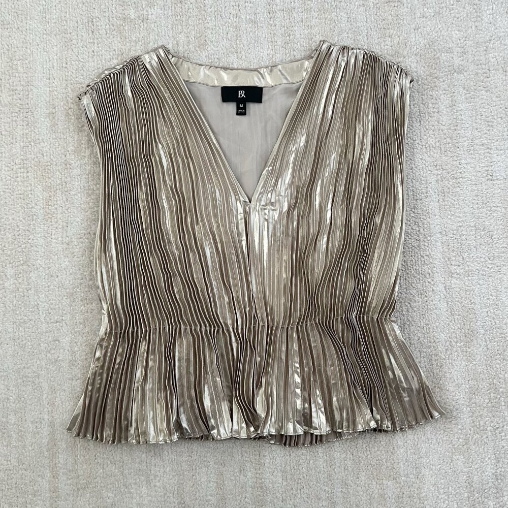 Banana Republic Lena V Neck Sleeveless Pleated Blouse Top M Gold Festive Holiday